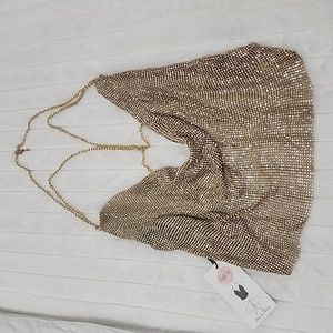 Sexy shiny rinstone gold cropped top